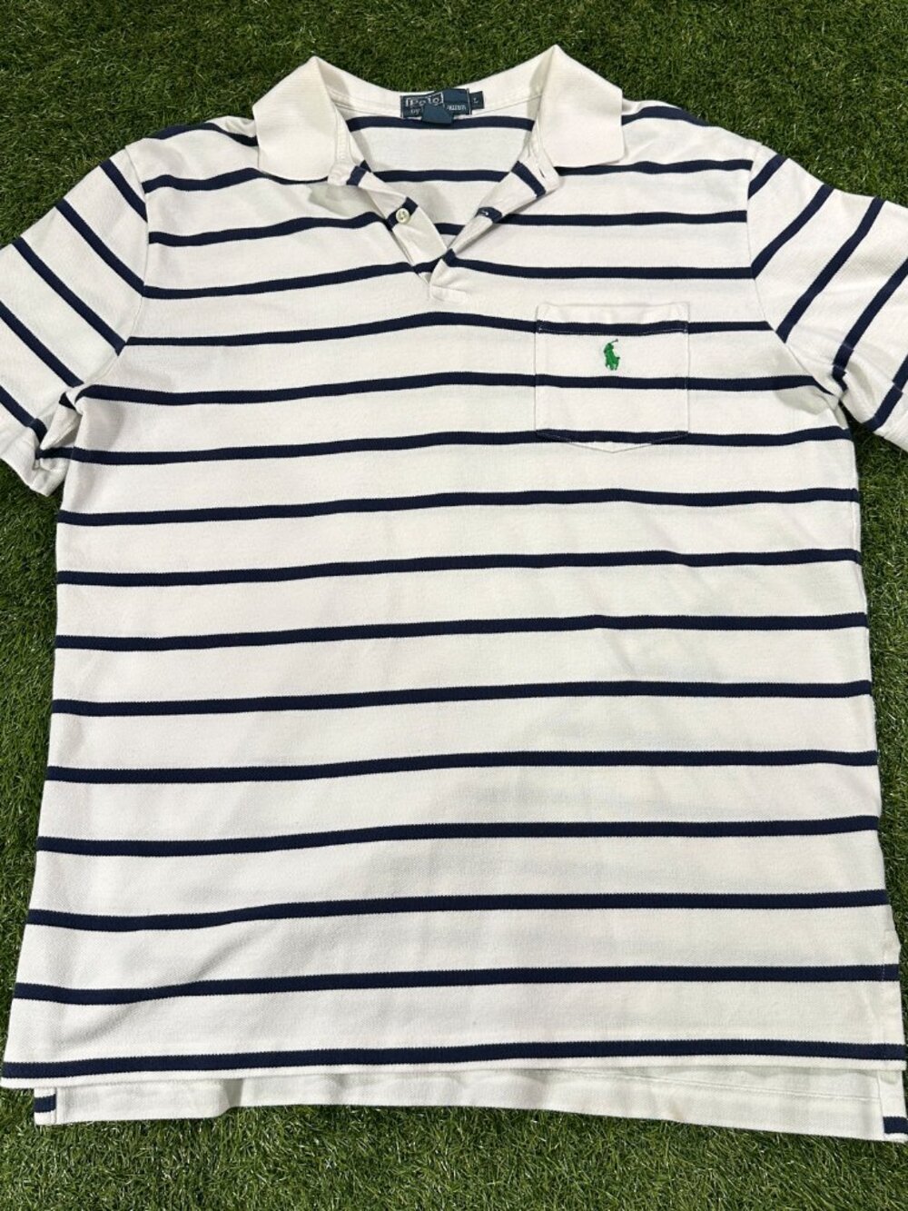Vintage Polo Ralph Lauren Striped Pocket Polo Shirt Size L 90s Y2K White Navy